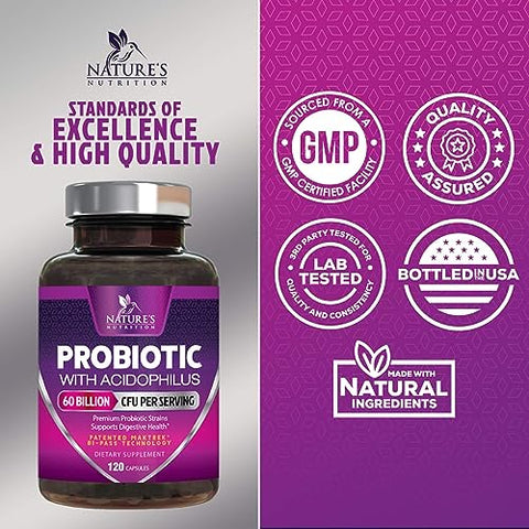 Probiotics, 60 Billion CFU per Serving, Probiotic with Prebiotics for Digestive & Immune Health Support for Women & Men - Nature's Supplement is Shelf Stable, Soy, Dairy & Gluten Free - 120 Capsules