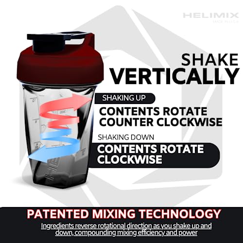 Helimix 1.5 Vortex Blender Shaker Bottle Holds Upto 20oz | No Blending Ball or Whisk | USA Made | Portable Pre Workout Whey Protein Drink Shaker Cup | Mixes Cocktails Smoothies Shakes | Dishwasher Safe (20 oz, Burgundy)