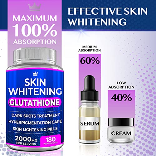 Glutathione Whitening Pills - 180 Capsules 2000mg Glutathione - Effective Skin Lightening Supplement - Dark Spots, Melasma & Acne Scar Remover, Hyperpigmentation Treatment - Anti-Aging Antioxidant