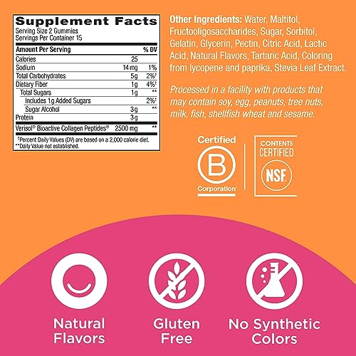 OLLY Collagen Gummy Rings, 2.5g of Clinically Tested Collagen, Boost Skin Elasticity & Reduce Wrinkles, Adult Supplement, Peach Flavor, 30 Count