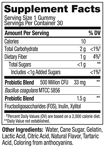 OLLY Probiotic + Prebiotic Gummy, Digestive Support and Gut Health, 500 Million CFUs, Fiber, Adult Chewable Supplement for Men and Women, Peach, 30 Day Supply - 30 Count