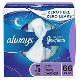 Always Infinity Feminine Pads for Women, Size 5 Extra Heavy Overnight, with wings, unscented, 66ct