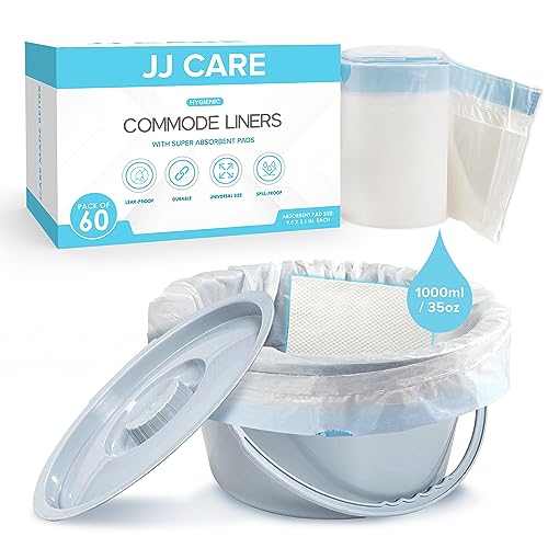 JJ CARE Commode Liners with Absorbent Pads - Pack of 60 Commode Liners for Bedside Toilet Chair Bucket, Portable Toilet & 16"x21" Commode Poop Bags with Liners for Adults