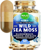 MAJU 4-in-1 Organic Sea Moss Capsules, Wild Chondrus Crispus, Seamoss w/Bladderwrack + Burdock Root, Stronger Than Gel, Irish, Sebi Inspired Raw Powder in Pills, 500 mg Capsule (60 ct)