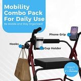 Mobility Combo Pack, Hook, Phone and Cup Holder for Walker, Portable Beverage Holder for Wheelchair and Strollers, Easy to Install Stretch Strap Fits up to 2” Diameter