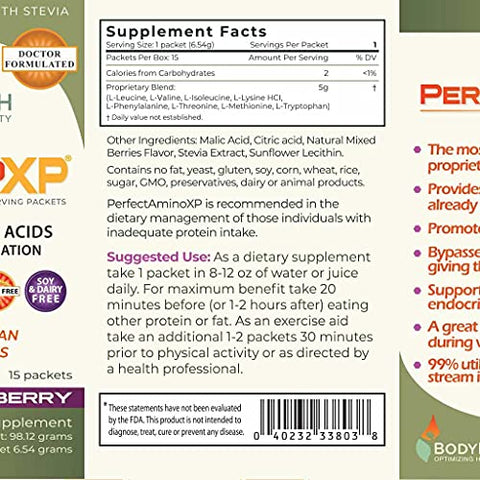 BodyHealth PerfectAmino Powder Mixed Berry to-Go Packets, (Box of 15) Best Pre/Post Workout Recovery Drink, 8 Essential Amino Acids Energy Supplement with 50% BCAAs, 100% Organic, 99% Utilization