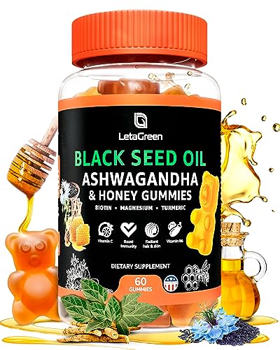 LetaGreen Black Seed Oil Gummies - 60 Vegan Nigella Sativa Black Seed Oil Bears with Ashwagandha Extract & Honey - Thyroid, Immune Support & Keto Detox – Chewable Black Seed Oil Gummies for Adults