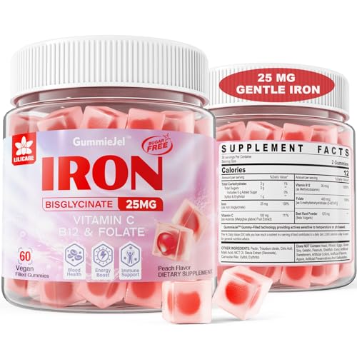 Iron Supplement for Women Anemia, Non-Constipating Sugar Free Iron Gummies 25mg w/ Vitamin C, Beet Root, B12, Folate for Iron Deficiency, Energy Boost, No Rust Taste Chewable Gentle Iron, Vegan 60 Cts