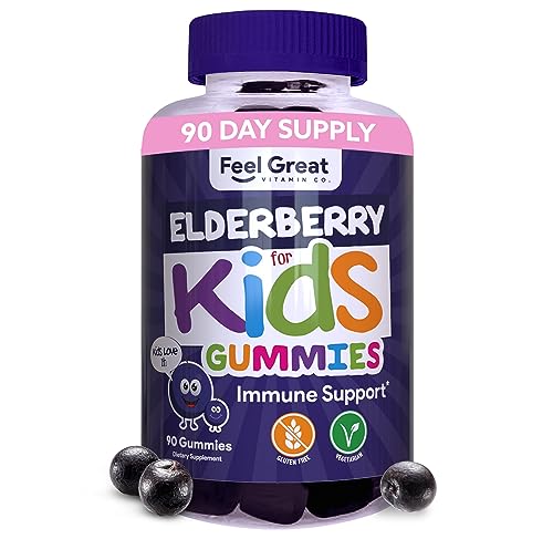 Elderberry Gummies for Kids by Feel Great Vitamin Co. | Delicious Vegan Elderberry for Kids Immune Support | Gluten Free Children's Vitamins with Zinc and Vitamin C | 90 Gummies