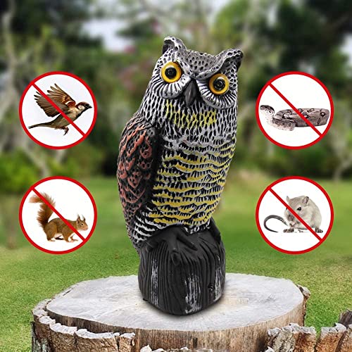 Hausse Solar Fake Horned Owl Statue, Solar Powered Halloween Motion Activated Scarecrow Deterrent Owl with Red Eyes, Scary Sound Scare Birds Away for Garden Yard Outdoor