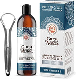GuruNanda Advanced Oil Pulling with Tongue Scraper Inside The Box - Natural Alcohol Free Mouthwash with Coconut Oil, Vitamins D & E - Supports Healthy Gums, Teeth Whitening & Fresh Breath (8 Fl Oz)