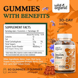 Wild & Organic Inulin Fiber Gummies - Inulin Fiber Supplement Gummies for Digestion Health - Prebiotic Fiber Gummies for Adults from Organic Chicory Root - Vegan, 4000mg, 60 Chews