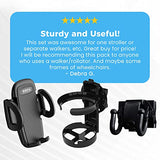 Mobility Combo Pack, Hook, Phone and Cup Holder for Walker, Portable Beverage Holder for Wheelchair and Strollers, Easy to Install Stretch Strap Fits up to 2” Diameter