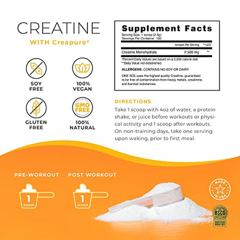 One Sol Creatine for Women Booty Gain, All Natural Women's Creatine Powder with Creapure, Increase Lean Muscle Mass, Reduce Recovery Time, Promotes Brain & Bone Health (Unflavored, 100 Servings)