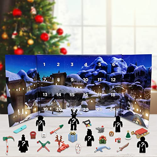 Roblox Holiday Advent Calendar for Kids, 24 Day Gift Playset - Toy Set Includes 6 Figures, 18 Accessories, 2 Redeemable Codes & More - 30 Pieces Total - Christmas Gift for Boys & Girls Ages 6+