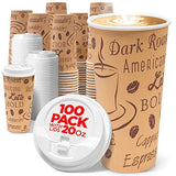 Disposable Coffee Cups with Lids 20 oz (100 Pack) - To Go Paper Coffee Cups for Hot & Cold Beverages, Coffee, Tea, Hot Chocolate, Water, Juice - Eco Friendly Cups