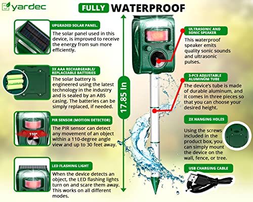 YARDEC Solar Animal Repellent Outdoor with Drill Bit - Waterproof Motion Activated Ultrasonic Animal Repeller with LED Flashing Light to Repel Deer, Rabbit, Squirrel, Skunk, Cat, Raccoon, Dog, etc.