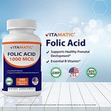 Vitamatic 2 Pack Folic Acid 1000 mcg (1 mg) - 240 Vegetarian Tablets - 1667 mcg DFE - Vitamin B9 (Total 480 Tablets)