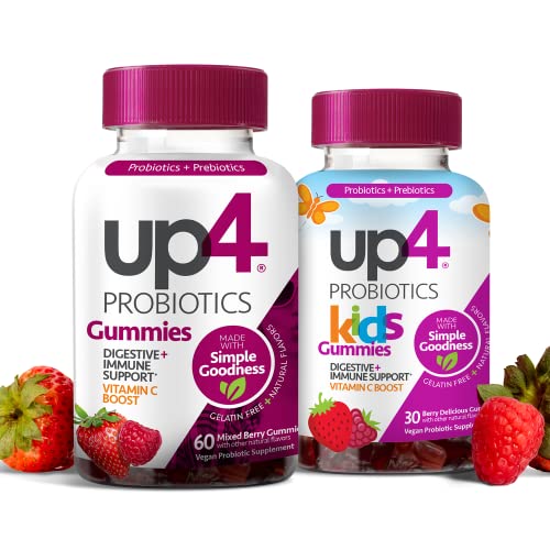 up4 Kids Probiotic Gummies, Digestive and Immune Support with Prebiotics and Vitamin C (30 Count) + Probiotic Gummies for Men and Women (60 Count)