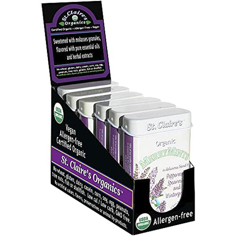 St. Claire's Organic Breath Mints, (MerryMints, 1.5 Ounce Tin, Pack of 6) | Gluten-Free, Vegan, GMO-Free, Plant-based, Allergen-Free | Made in the USA in a Dedicated Allergen-Free Facility