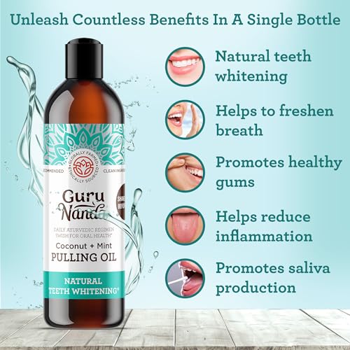 GuruNanda Oil Pulling (8 Fl.Oz) with Coconut & Peppermint Oil with Tongue Scraper Inside the Box - Natural, Alcohol Free Mouthwash to Help With Fresh Breath, Teeth Whitening and Healthier Teeth & Gums