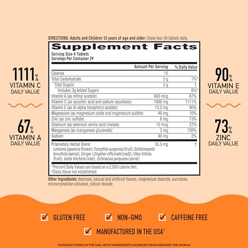 Airborne 1000mg Vitamin C Chewable Tablets with Zinc, Immune Support Supplement with Powerful Antioxidants Vitamins A C & E - (116 count bottle), Citrus Flavor, Gluten-Free