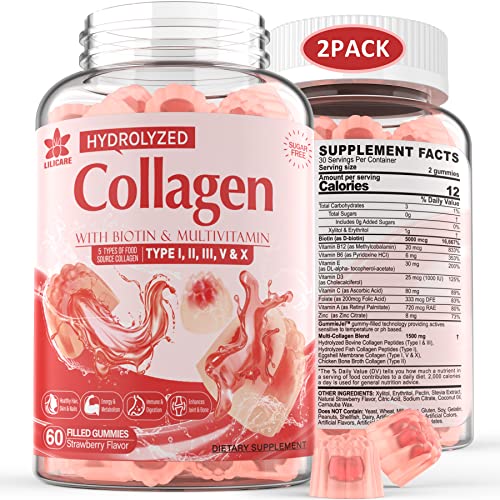 2Pack Sugar-Free Hydrolyzed Collagen Peptide Filled Gummies, with 1500mg Protein Type I,II,III,V,X with 5000mcg Biotin Vitamin C A E D3 B6 B12 for Immune Digestion Skin Hair Nails Energy Bone Joint