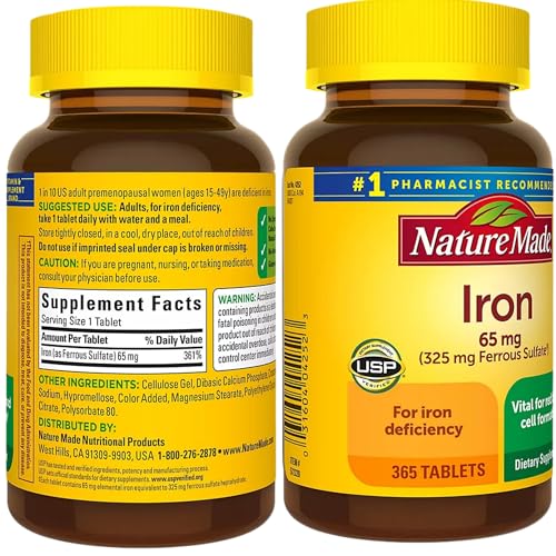 Nature Made Iron 65 mg - Essential for Red Blood Cell Formation, Iron Deficiency Support, 365 Tablets with Bonus AM/PM Mini Travel Pill Case.