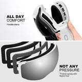 Odoland Magnetic Interchangeable Ski Goggles with 2 Lens, Large Spherical Frameless Snow Snowboard Goggles for Men Women, White Frame Sliver Lens vlt 15%