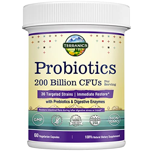 Terranics Daily Probiotics for Men & Women, 200 Billion 36 Strains Immediate Restore Probiotics, with Prebiotics & Enzymes, Healthy Regularity, Delayed Release, Shelf Stable, 60 Veggie Caps