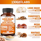 Mushroom Complex 12000mg Capsules - Lions Mane, Cordyceps, Reshi, Maitake - Nootropics Brain, Boosts Memory, Energy, Cognitive Function & Improves Focus, Immune System, Antioxidant - 90 Vegan Capsules