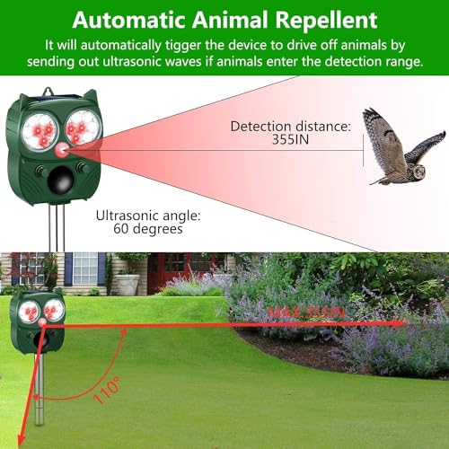 PHIMINNEX Solar Animal Repeller, Ultrasonic Repellent, Motion Detection, LED Flashing Light, Dog, Cat Repellent, Squirrel, Raccoon, Skunk, Rabbit, Rodent, Fox, Deer, etc.