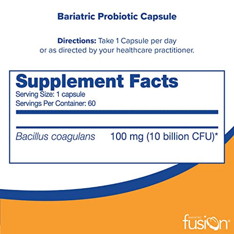 Bariatric Fusion Probiotic Capsule | Easy to Swallow Bariatric Vitamin | 10 Billion CFU | Bacillus Coagulans | Support Digestive & Immune Health | 60 Count