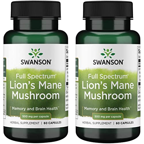 Swanson Lion's Mane Mushroom Capsules - 500 mg Each, 60 Capsules - Herbal Supplement Supporting Cognitive Function (2 Pack)