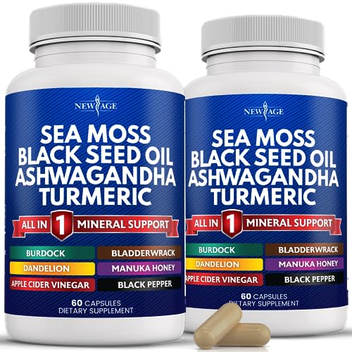 Sea Moss 3000mg Black Seed Oil 2000mg Ashwagandha 1000mg Turmeric 1000mg Bladderwrack 1000mg Burdock 1000mg- with Manuka, Honey Dandelion, ACV Black Pepper Gluten Free