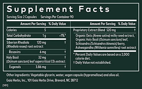 Gaia Herbs Adrenal Health Daily Support - with Ashwagandha, Holy Basil & Schisandra - Herbal Supplement to Help Maintain Healthy Energy and Stress Levels - 180 Liquid Phyto-Capsules (180 Count)