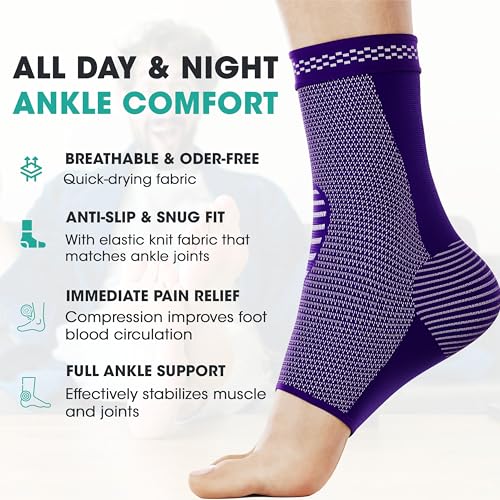 Modvel Ankle Brace for Women & Men - 1 Pair of Ankle Support Sleeve & Ankle Wrap - Compression Ankle Brace for Sprained Ankle, Achilles Tendonitis, Plantar Fasciitis, & Injured Foot - Medium, Purple