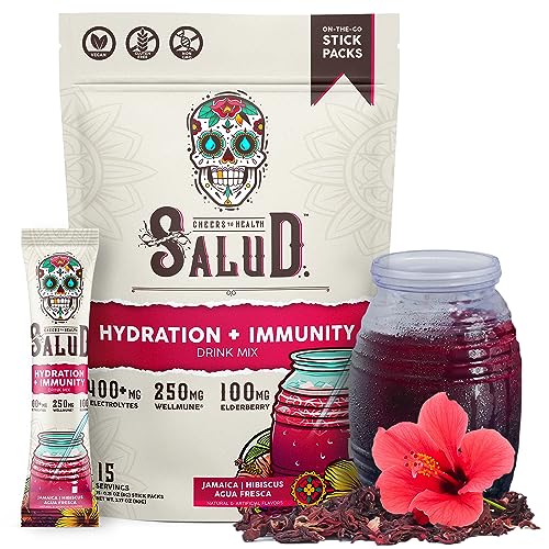 Salud 2-in-1 Hydration and Immunity Electrolytes Powder, Hibiscus - 15 Servings, Jamaica Agua Fresca Drink Mix, Elderberry, Dairy & Soy Free, Non-GMO, Gluten Free, Vegan, Low Calorie, 1g of Sugar