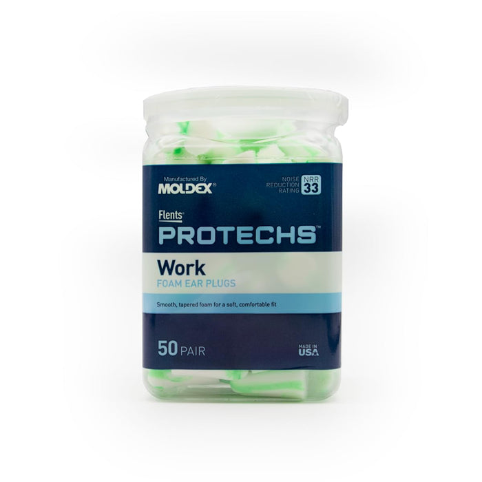 Flents Protechs Foam Ear Plugs for Work, Loud Noise, Heavy Machinery, Construction, Studying & Traveling, NRR 33, Green, Made in The USA, 50 Pair