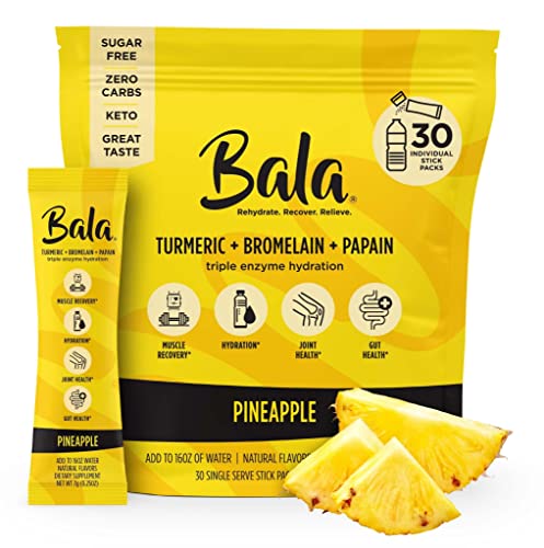 BALA Hydration Turmeric Drink Mix Packet | Sugar Free Electrolyte Powder, Muscle Recovery, Immune Support, Joint Relief | Plant-Based Enzymes, Bromelain - Pineapple (30 Pack)