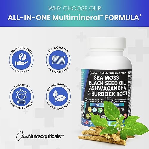 Sea Moss 3000mg Black Seed Oil 2000mg Ashwagandha 1000mg Turmeric 1000mg Bladderwrack 1000mg Burdock 1000mg & Vitamin C Vitamin D3 with Elderberry Manuka Dandelion Yellow Dock Iodine Chlorophyll ACV