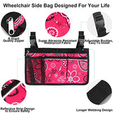 Update Flower Color Wheelchair Bag Side Organizer Storage Armrest Pouch with Cup Holder and Reflective Stripe Use Waterproof Fabric, for Most Wheelchairs, Walkers or Rollators (Red Floral)