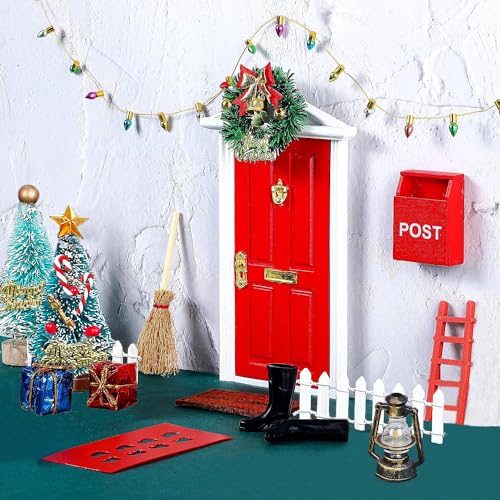 Christmas Elf Girl Fairy Doors, Miniature Elf Door Enchanted Fairy Doors, Elf On the Shelf Door Lantern Light Strip Christmas Tree Wreath Wooden Ladder Carpet Miniature Garden Furniture (22 Pcs)