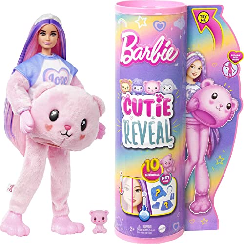 Barbie Cutie Reveal Doll with Pink Hair & Teddy Bear Costume, 10 Suprises Include Accessories & Pet (Styles May Vary)