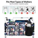 FINPAC Large Walker Tote Bag with Cup Holder, Folding Walker Attachment Hands-Free Storage Basket Mobility Aid Accessory Pouch for Elderly, Senior, Blooming Hibiscus