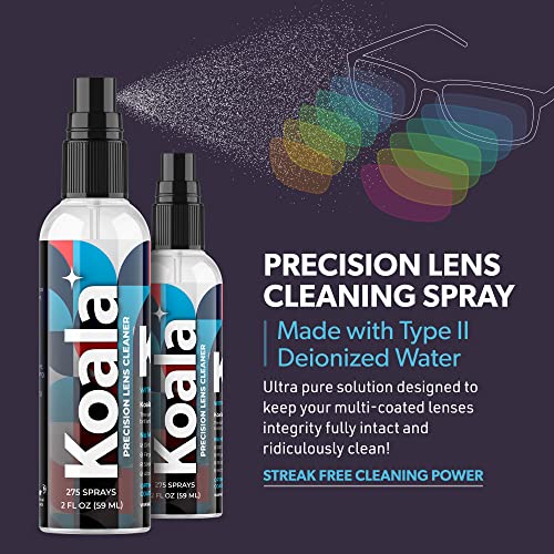 Koala Eyeglass Lens Cleaner Spray Kit | (2x) 8 oz + (1x) 2 oz Glasses Cleaner Bottle + 3 Microfiber Cloth | Alcohol Free Screen and Camera Cleaning Kit (6 Piece Set)