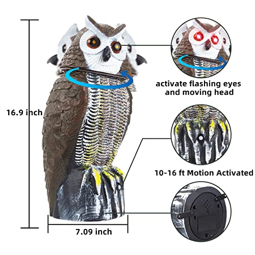 molemo Solar Bird Repellent, Owl Decoy Bird Deterrent Devices Outdoor with Flashing Eyes & Realistic Sound & Rotating Head, Intelligent Animal Repeller for Home, Garden, Patio, RV, Halloween