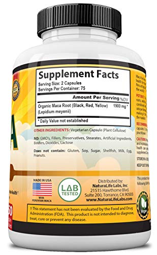 Organic Maca Root Black, Red, Yellow 1900 MG per Serving - 150 Vegan Capsules Peruvian Maca Root Gelatinized 100% Pure Non-GMO Supports Reproductive Health Natural Energizer