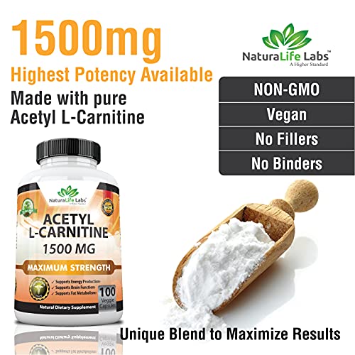 Acetyl L-Carnitine 1,500 mg High Potency Supports Natural Energy Production, Sports Nutrition, Supports Memory/Focus - 100 Veggie Capsules