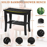 Domax Bamboo Shower Benches for Inside Shower - Bathroom Bench Seat Waterproof Wooden Shower Stool with Storage Shelf for Adults Elderly Seniors Wood Shower Chair for Bathtub or Small Spaces, Black